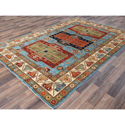 Tapis bleu maya 6 pi x 8 pi 6 po, d'inspiration arménienne, figurines de petits oiseaux, laine super fine, tissé dense, 200 KPSI, teint naturel noué à la main, tapis oriental