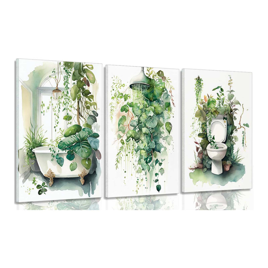 3Pcs Framed Botanical Bathroom Wall Art Sage Green Leaves Canvas Posters Print Funny Tropical Green Plants Wall Decor Pictures Home Bathroom Decoratio
