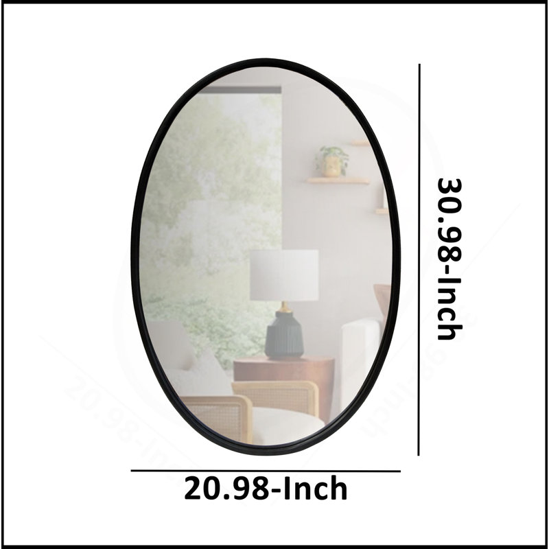 Miroir mural ovale en métal avec bords encadrés et support en bois, noir