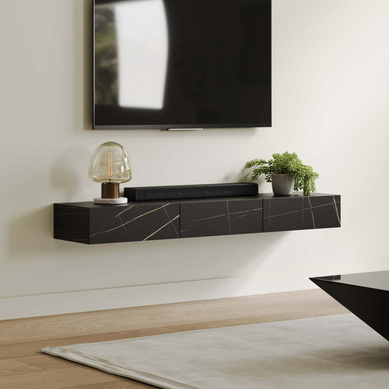  Floating TV Stand, Entertainment Center with Drawers, Solid Wood, Fully-Assembled, Black, 70.87"