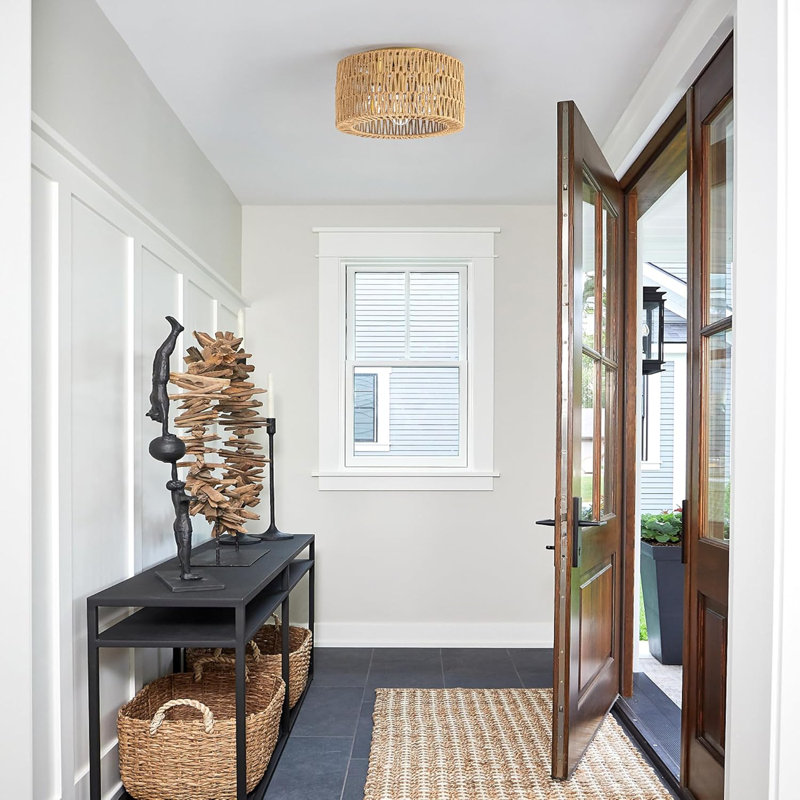 3-Light Rattan Flush Mount Ceiling Light, Gold