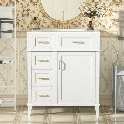 Meuble-lavabo de 30 pouces avec lavabo en céramique, tablette réglable, porte à fermeture en douceur et trois tiroirs à fermeture en douceur