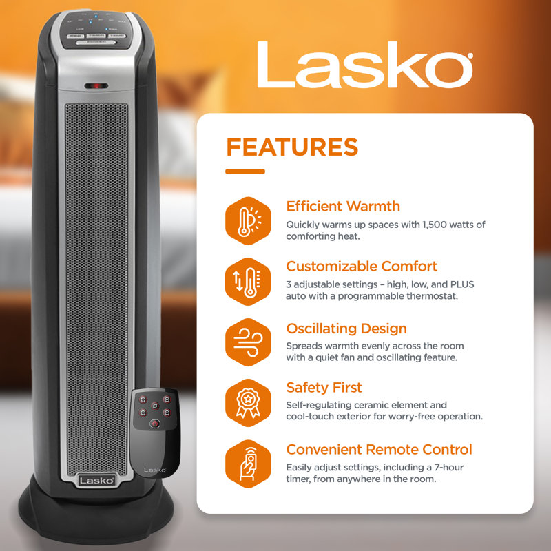 Black Ceramic Electric Tower Heater with Adjustable Thermostat