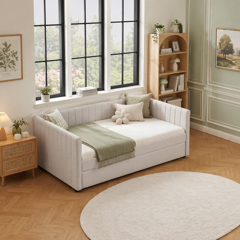 Lit de jour avec canapé-lit rembourré, avec rayures verticales, tissu en lin, Lit simple, Beige