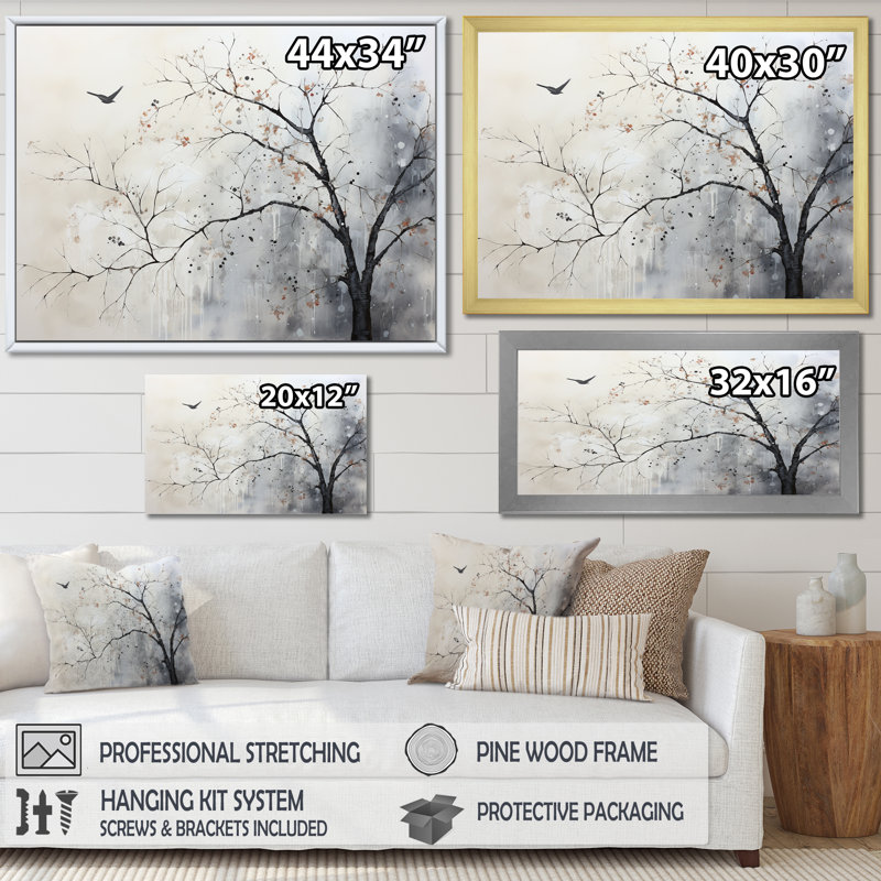 Minimalisme, oiseaux monochromes sur branche I - art mural arbres, Cadre flottant noir, H 24 po x l 32 po x P 1 po