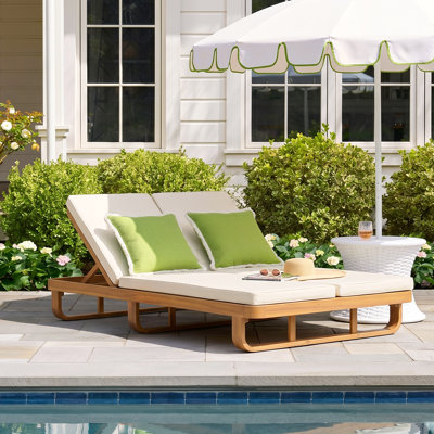 Orenyx Modern Coastal Double Acacia Wood Outdoor Chaise Lounge with Cushions & Adjustable Dual Backrests