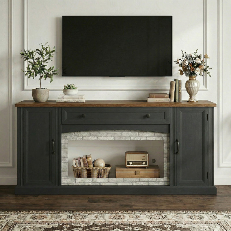 Meuble télé en noyer avec décorations en brique grise pour téléviseur de 70 po ou moins, console média avec gestion des câbles et rangement