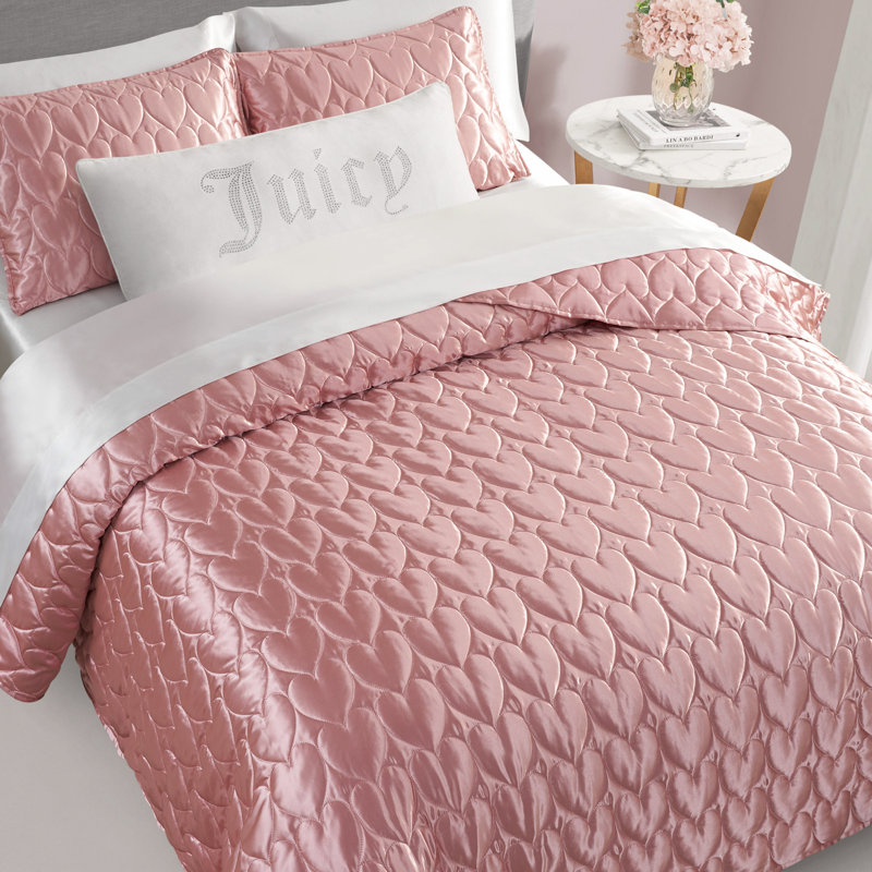 Juicy Couture Satin Heart Stitched Quilt Sets, King Quilt + 2 King Pillow Shams, Pink