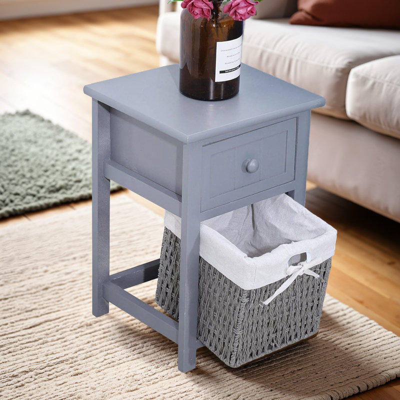 Table de chevet simple en bois avec tiroir et panier de rangement - Gris