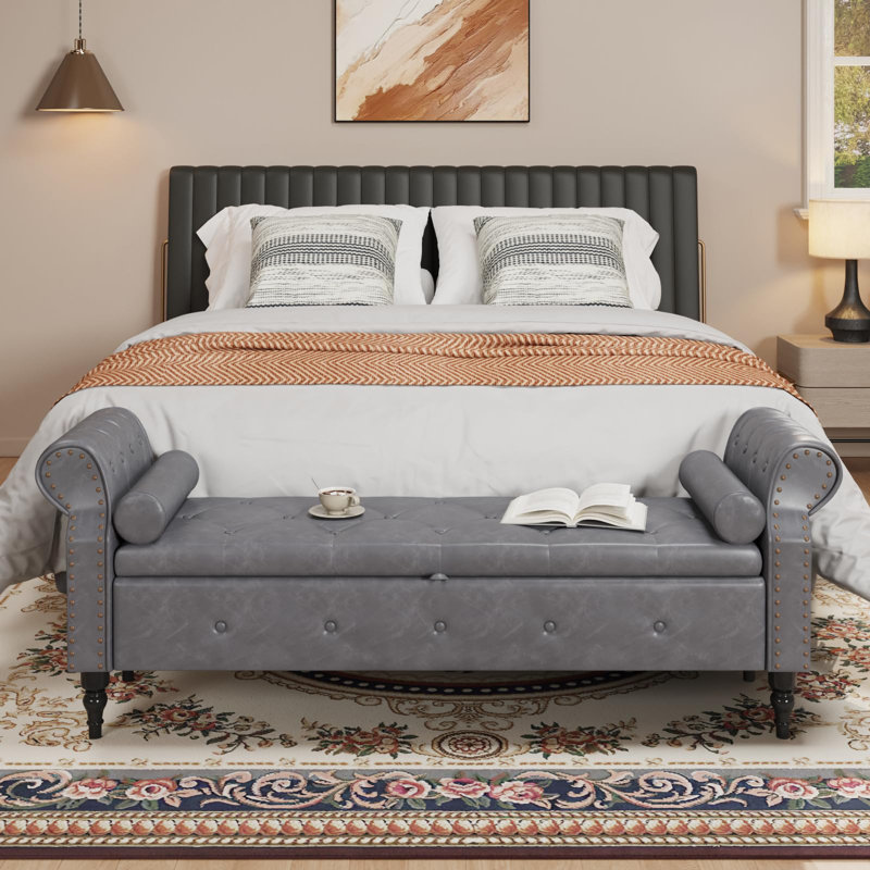 Banc de chambre 65 "avec rangement, bancs de lit en similicuir avec boutons capitonnés, Gris