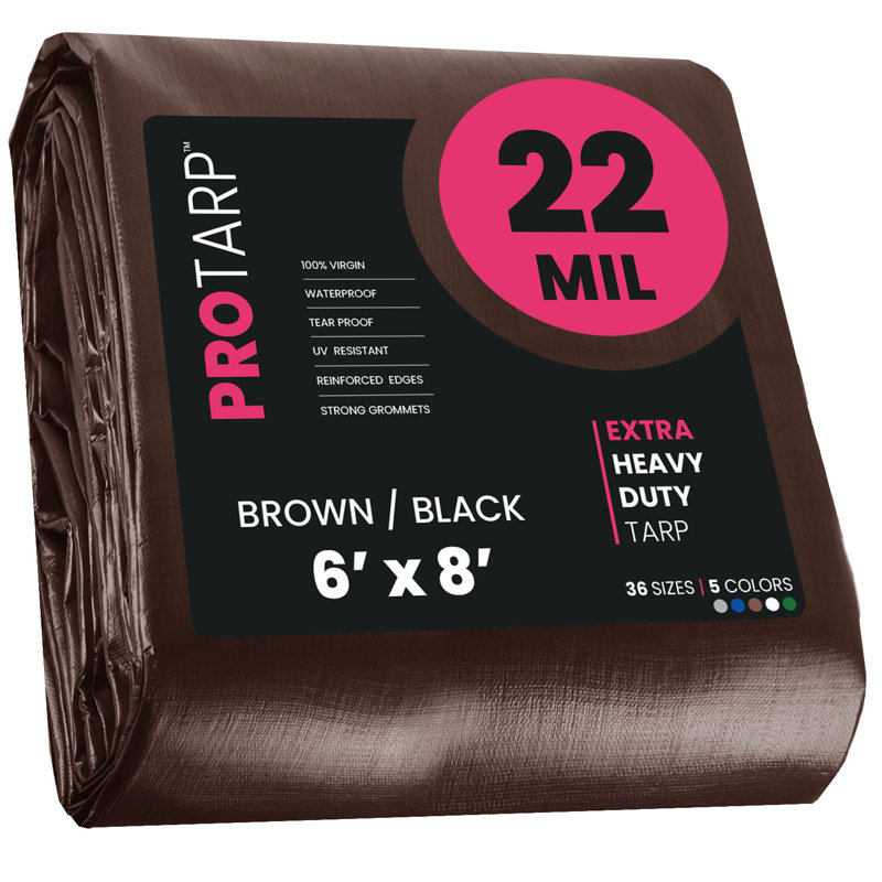 Bâche en polyéthylène robuste de 6 pi x 8 pi 22 mil, imperméable et résistante aux rayons UV, Brun / noir