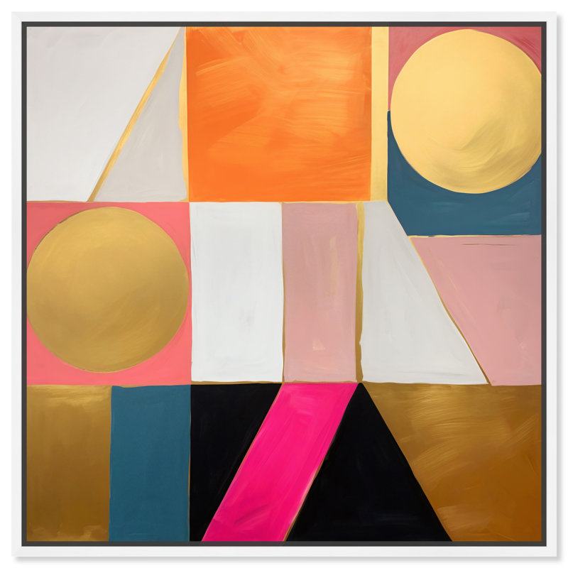 Art géométrique abstrait sur toile, chiffres géométriques en 2 dimensions par Art Remedy, Cadre blanc, H 41 po x l 41 po