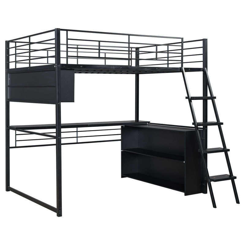 Metal Loft Bed With Desk, Bookshelf & Angled Ladder – Space-saving Black Frame For Teens, Twin