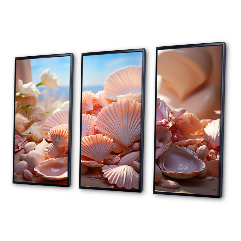 Romantisme, coquillages - ensemble d'art mural coquillage, Cadre flottant noir, H 40 po x l 60 po x P 1 po