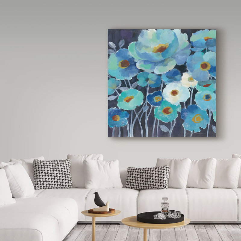 « indigo florals ii », reproduction de peinture à l’acrylique sur toile tendue, H 18 po x l 18 po x P 2 po