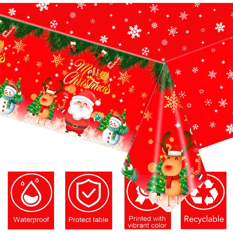 2PCS Large Red Xmas Tablecloth, 137 * 274cm Rectangle Plastic Table Cover for Christmas Party, Winter Holiday Decorations