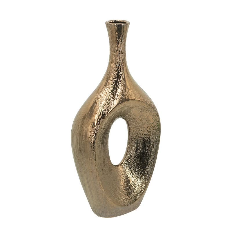 Round Bronze Vase With Textured Open-Cut Design, 18.9" H x 9.1" W x 3.5" D