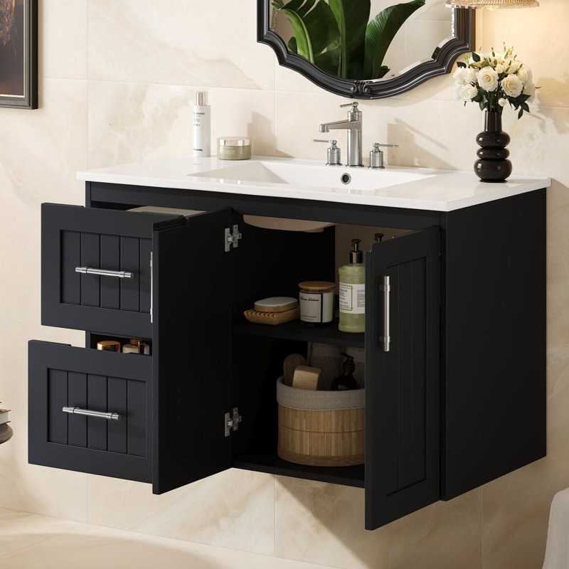 Meuble-lavabo mural simple 36 po avec lavabo en céramique, Noir