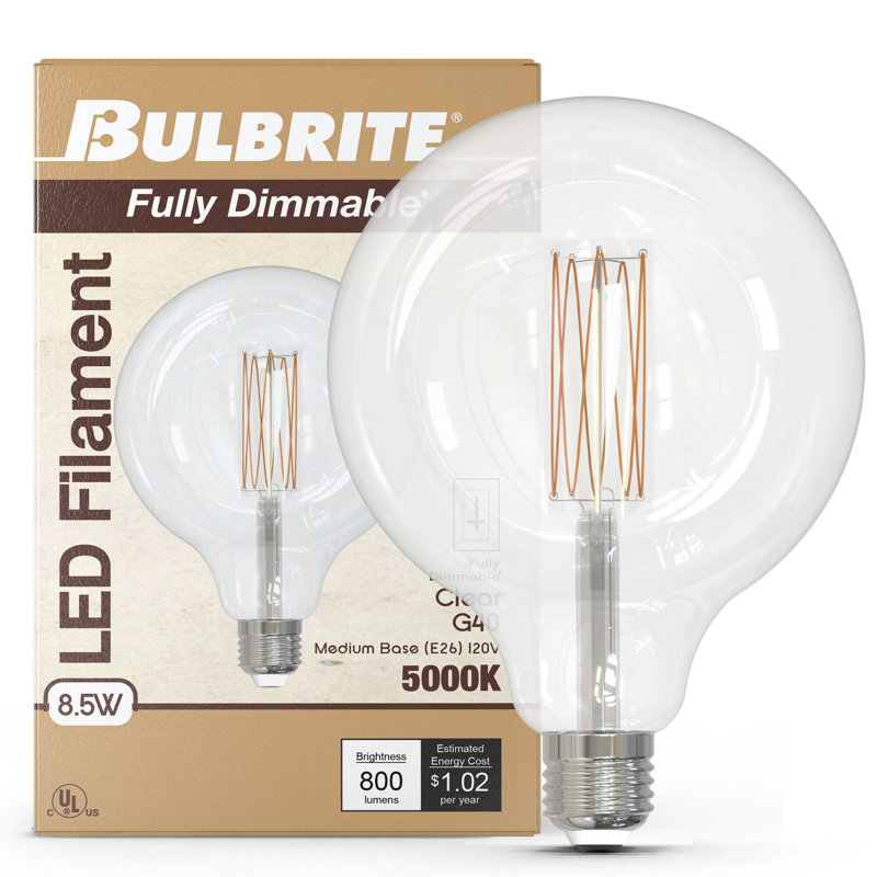 Ampoule 8,5 watts à intensité variable G40 avec finition en verre transparent et base moyenne (E26), 5000