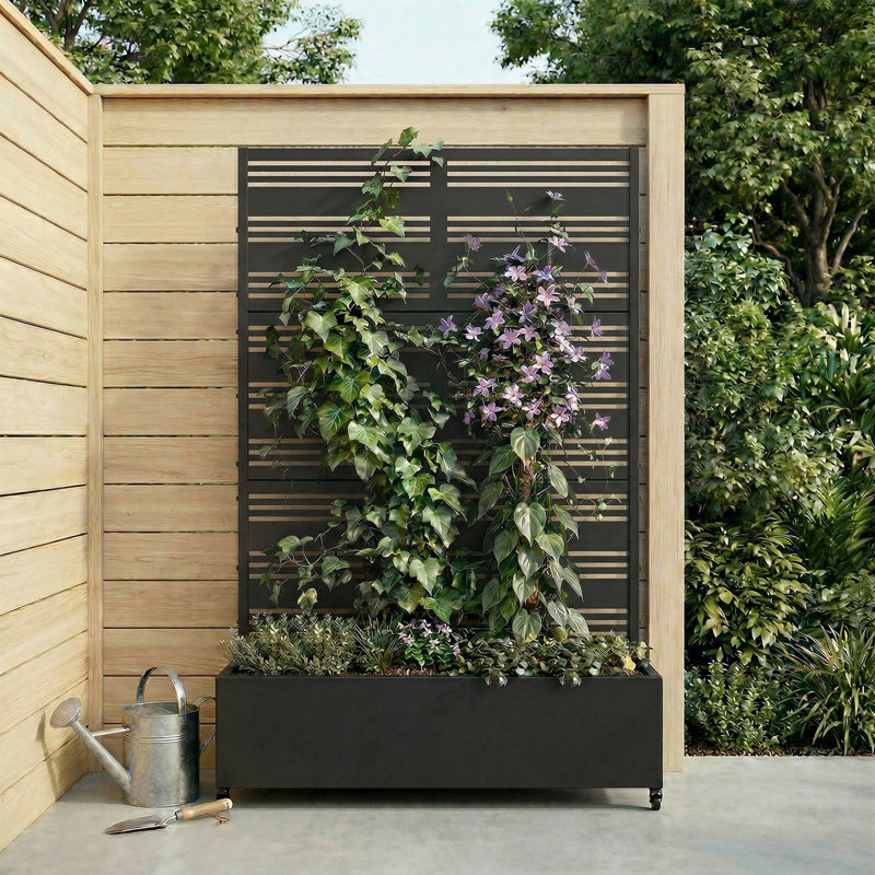 6 ft. H x 4 ft. W Metal Planter Box privacy screen Garden Bed with Trellis and Wheels - Black, Black