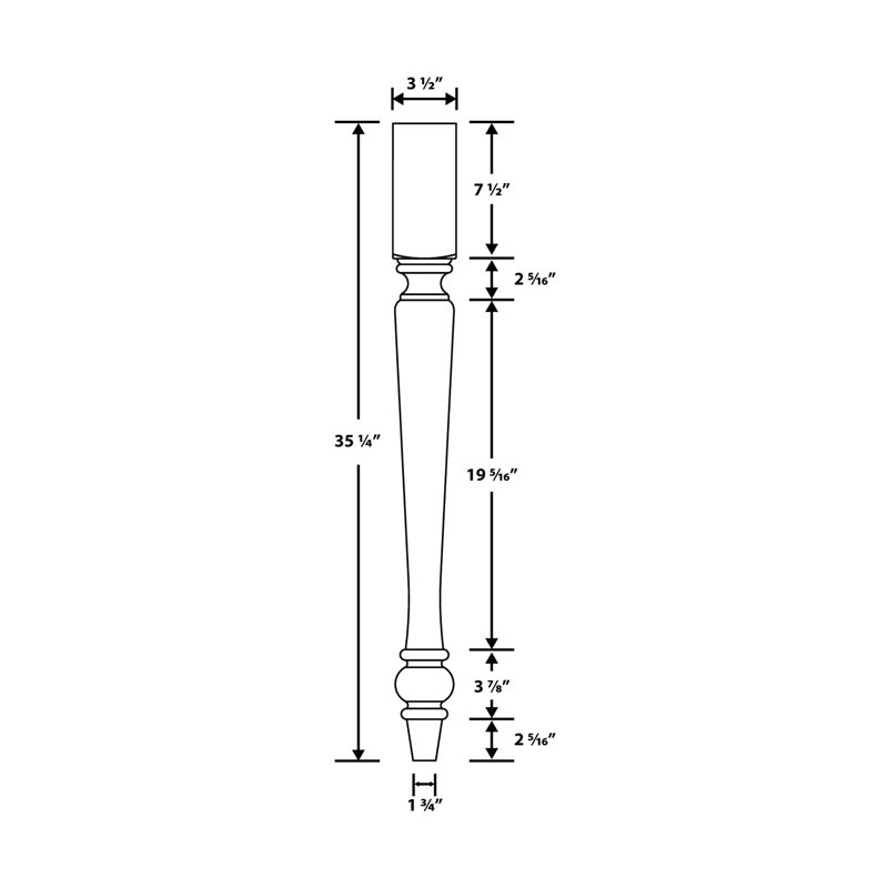 Pied d'îlot carré en bois massif H 35-1 / 4 po x 3-1 / 2 po, Chêne, 1 Pack