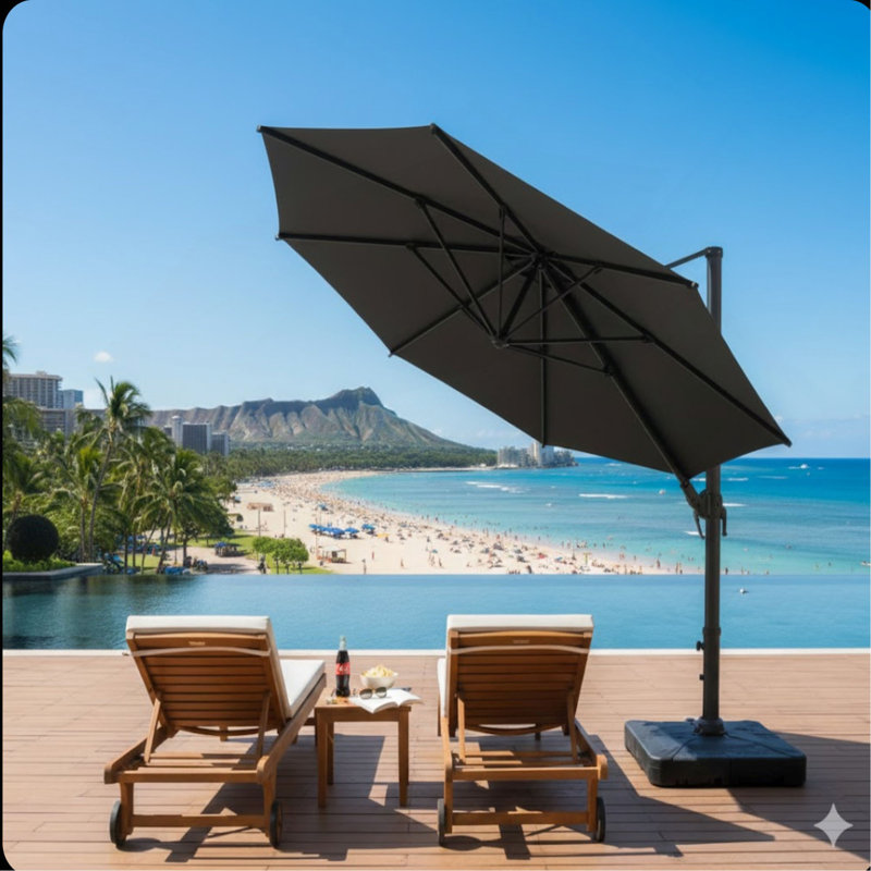 Grand parasol de patio en porte-à-faux carré de 10 pi avec rotation à 360 ° et réglage des mésanges et parasol de terrasse robuste à baldaquin en polyester sans base.