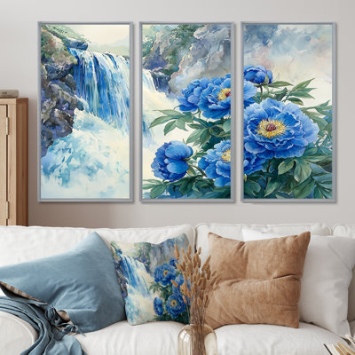 Pivoines par la cascade II - art mural pivoines - 3 panneaux