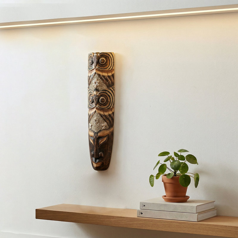 Décoration murale masque tribal hibou, H 20 po x l 5 po x P 2,50 po