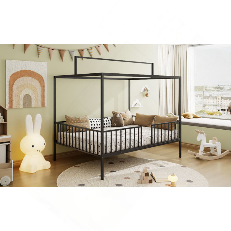 Lit convertible en métal 3 en 1 Montessori, lit pour tout-petits clôturé avec support en lattes de métal robuste, lit à baldaquin de conception minimaliste moderne Funland, assemblage facile