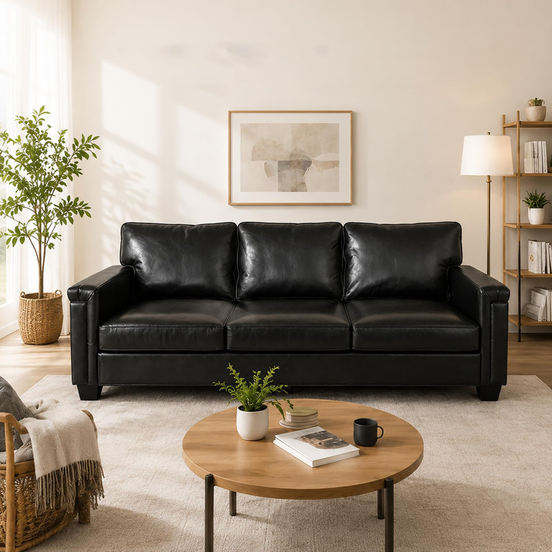 Canapé 87,8 pouces à trois places de style Chesterfield en similicuir, coussins profonds avec coussins amovibles pour les espaces domestiques et de travail, noir