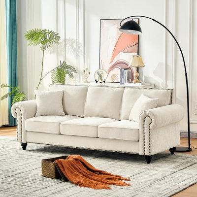 86 - Inch Beige 3 Seat Chenille Couch With Rolled Arms, Wood Legs, Nailhead Trim And Upholstery, High Density Foam, Solid Frame, Curved For Apartment Living Modern Legs Living, Color, Foam Filling,