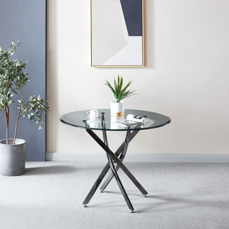 Godwin Pedestal Dining Table,Round Clear Dining Tempered Glass Table with Chrome Legs,dining room table,dining tables,Round Top Shape,dinning table,dining room table