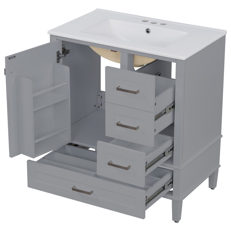 Meuble-lavabo moderne Amoura avec lavabo en céramique durable et solutions de rangement à fermeture en douceur, Gris