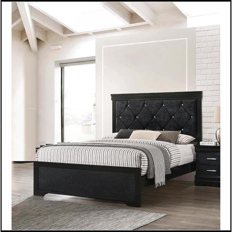 Mobilier de chambre à coucher moderne avec panneau de lit en bois et tête de lit tapissier en cristal, Lit double