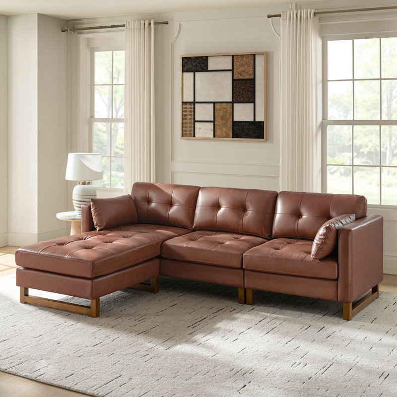 Amando 101"W Mid-Century L-Shape Genuine Leather Reversible Modular Sectional Sofa, Brown Genuine Leather
