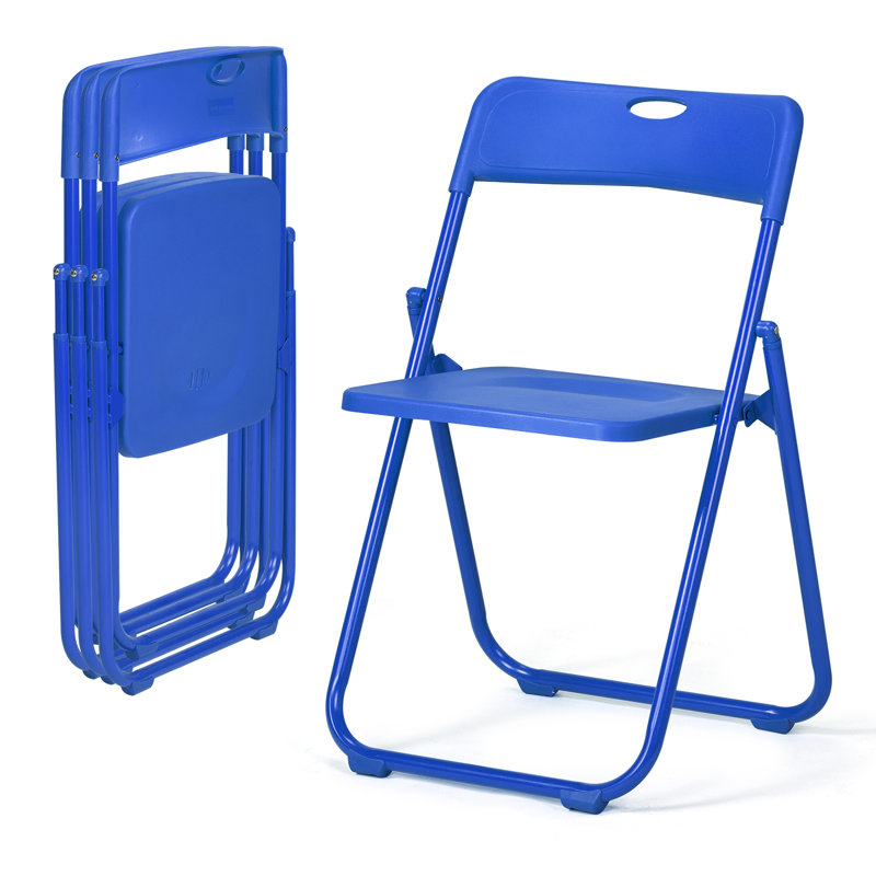 Ensemble de 4 chaises de patio pliantes bleu marine, sièges en plastique à structure en acier, Bleu