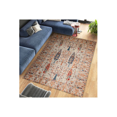 Orange Toned Colourful Trees Pattern Woven Base Modern Decorative Machine Washable Area Rug