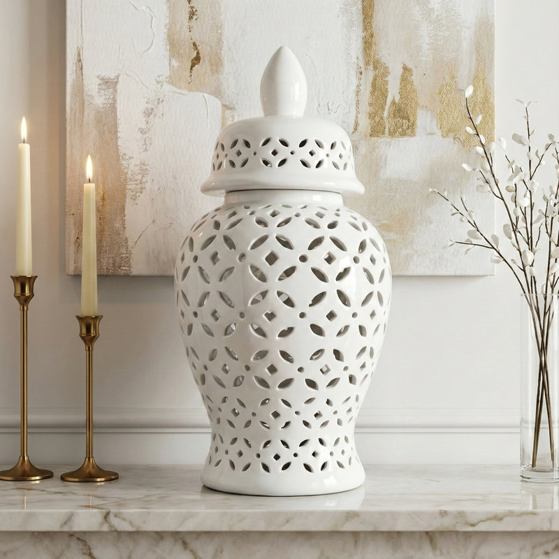 Decorative Chinoiserie Ceramic Tall Jar with Lid for Home Decor Accent - Contemporary Openword Table Jar Ideal for Living Room Styling - White