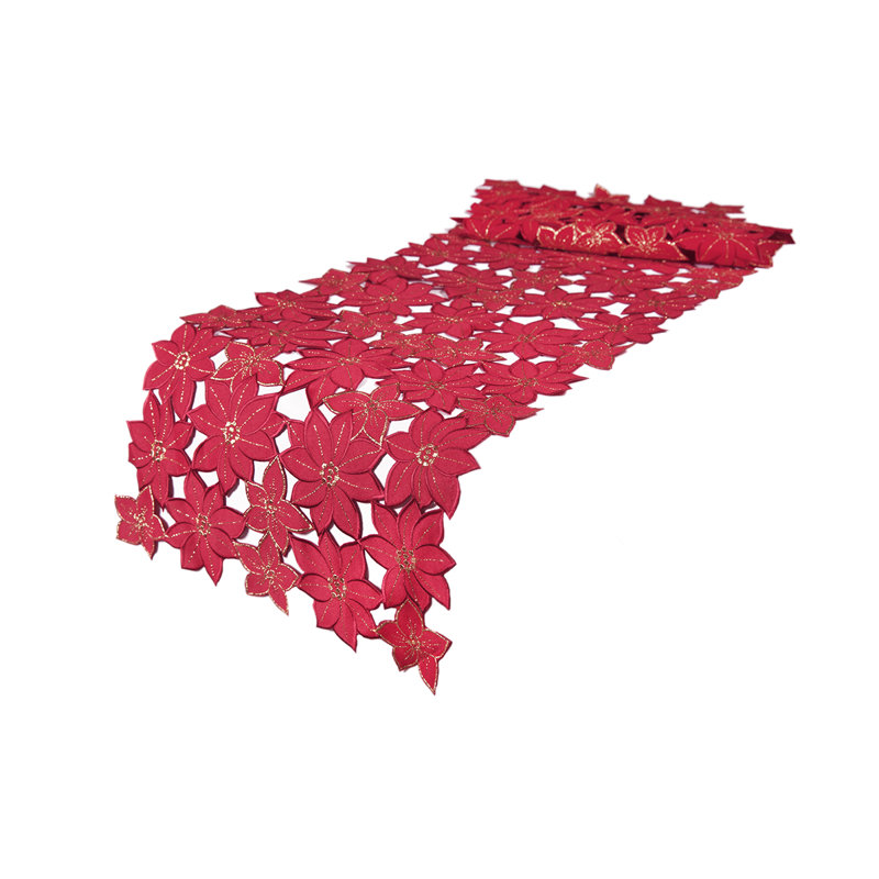 Festive Poinsettia Embroidered Cutwork Holiday Table Runner, 28" L x 12" W