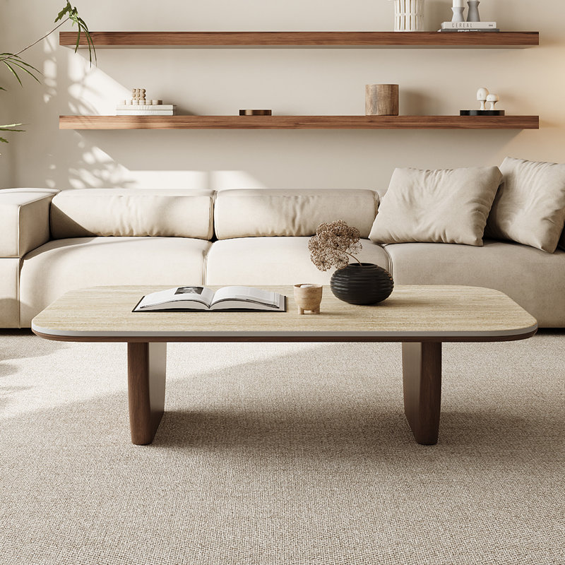 Neatha Modern 51" Rectangular coffee table, Sintered Stone Tabletop, Brown Solid Wood Legs for livingroom, Warm Beige, Brown