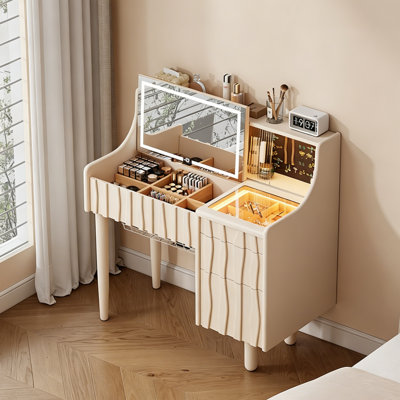 Solid Wood Luxury Cream Flip-top Vanity with Hidden Storage