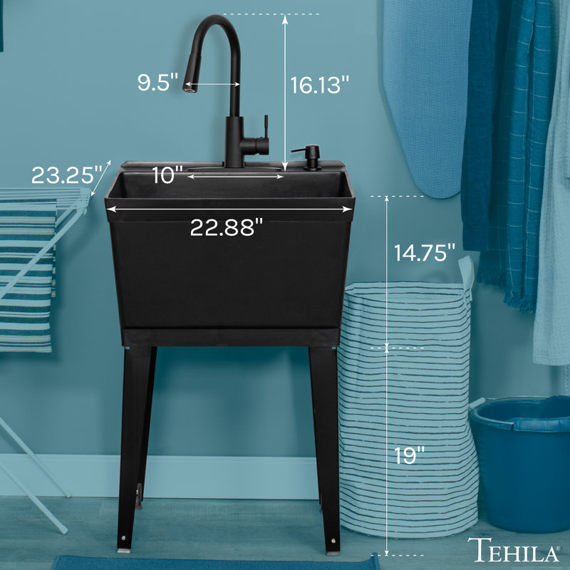 19-Gallon Standard Freestanding Black Utility Sink with Black Finish High-Arc Pull-Down Faucet, Black