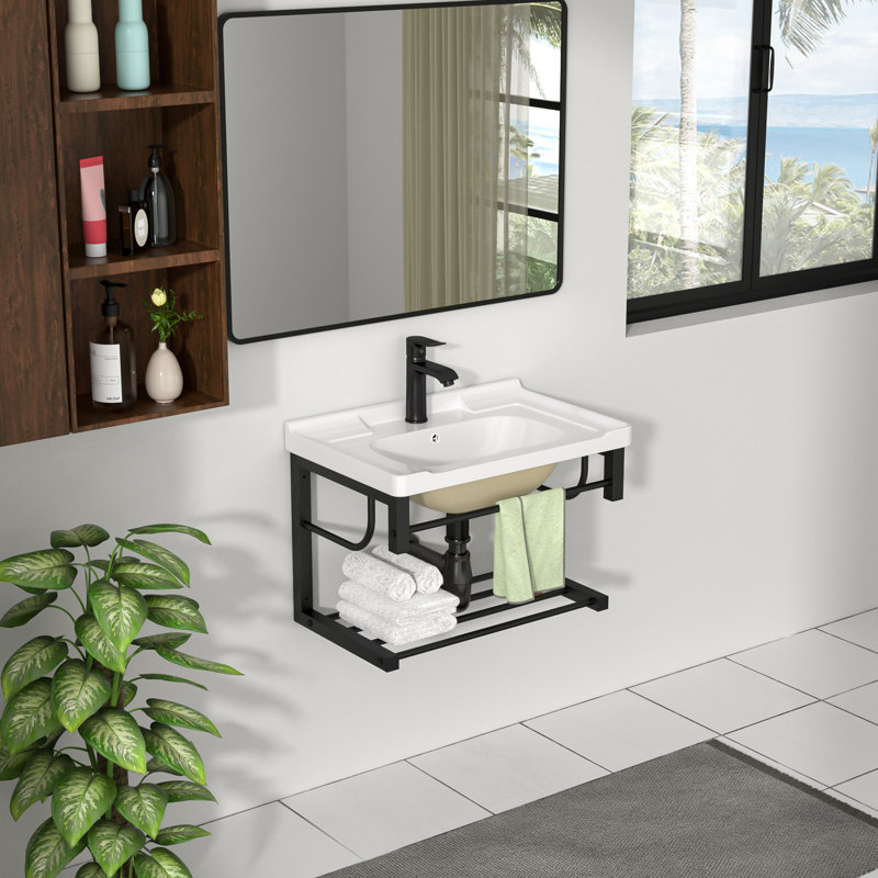 Lavabo de salle de bain rectangulaire en céramique blanche L 23 po x l 15 po avec base en acier et trou de débordement GhomeG