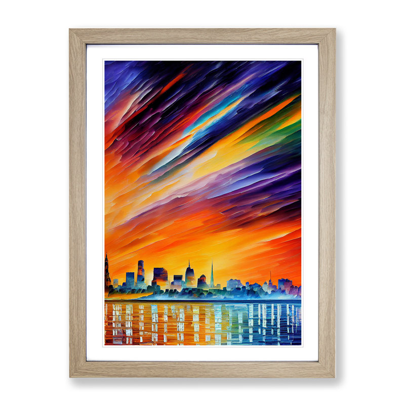 City Skyline At Sunset No.3 - Single Picture Frame Painting, 64cm H x 46cm W x 2cm D, Oak