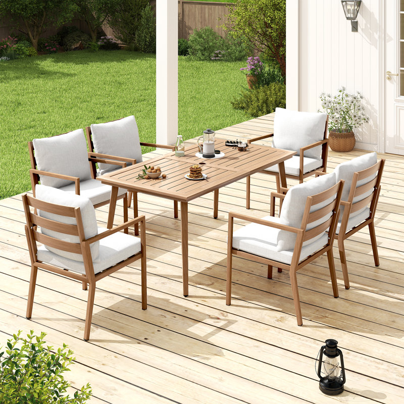 Ensemble de salle à manger 7 pièces en aluminium brun Riviera avec table rectangulaire et coussins gris clair Riviera
