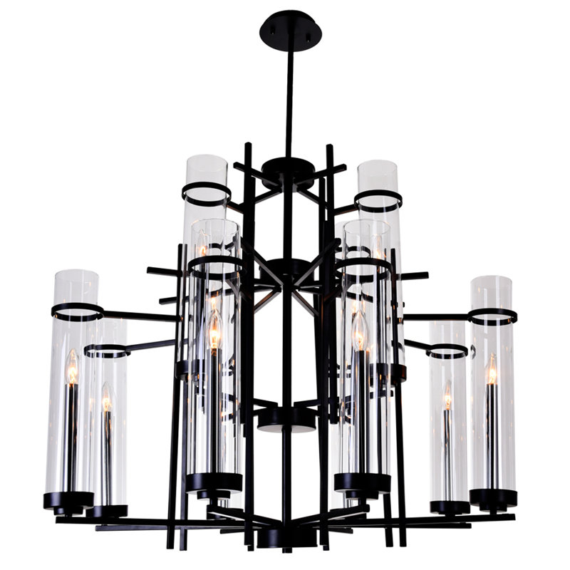 Lustre rond à niveaux 12 lumières avec abat-jours cylindriques en verre, luminaire de plafond moderne et élégant