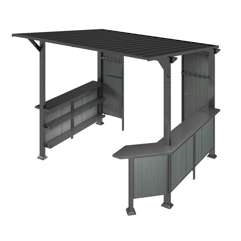 Pavillon de jardin avec toit rigide de 9 x 10 pi avec tablettes - Abri de barbecue permanent pour terrasse, Noir satiné, Grey