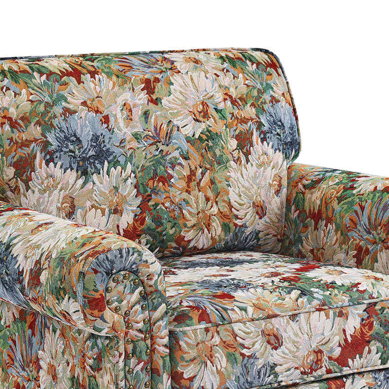 Fauteuil rembourré en mélange de coton avec accoudoirs arrondis et garniture cloutée (ensemble de 2), Fleurs orange