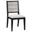 Deux chaises de salle à manger d'appoint, fini noir, revêtement gris, style contemporain, sur un piètement en bois.