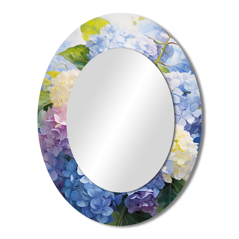 Hydrangées bleues et mauves éternelles fleurs I - grand miroir mural ovale sur métal, 43 po x 33 po